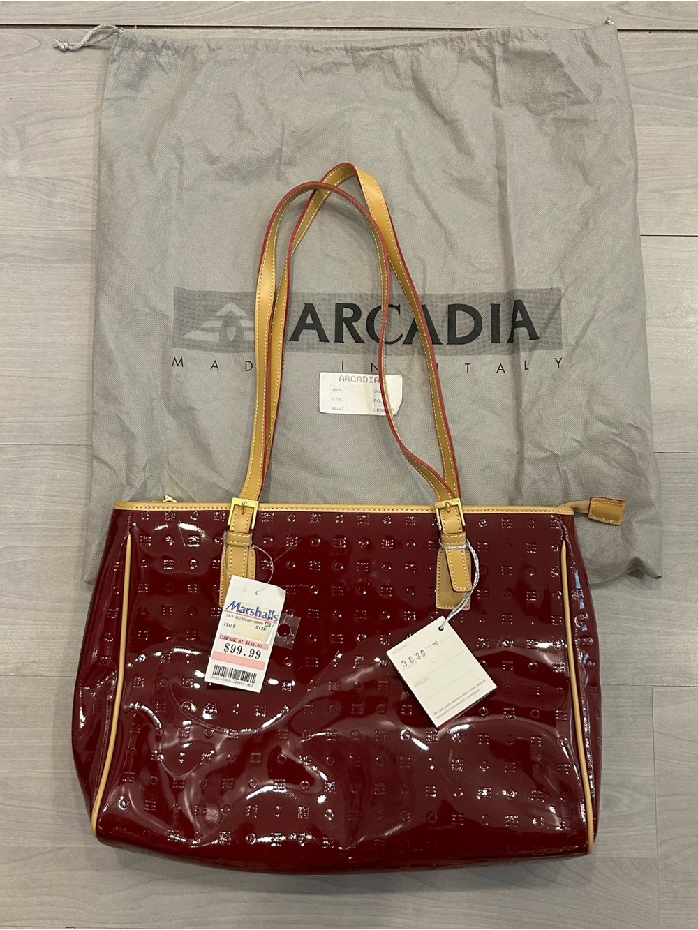 NWT Arcadia Made In Italy Patent Leather Tote Bag Burgundy Wine Logo Embossed